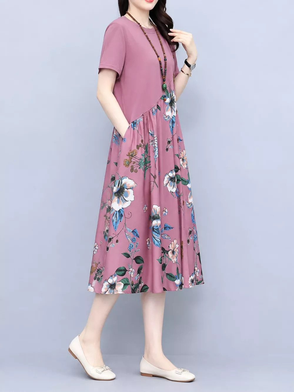Plus Size Floral Print A-Line Midi Dress with Asymmetric Button Detail, image 9