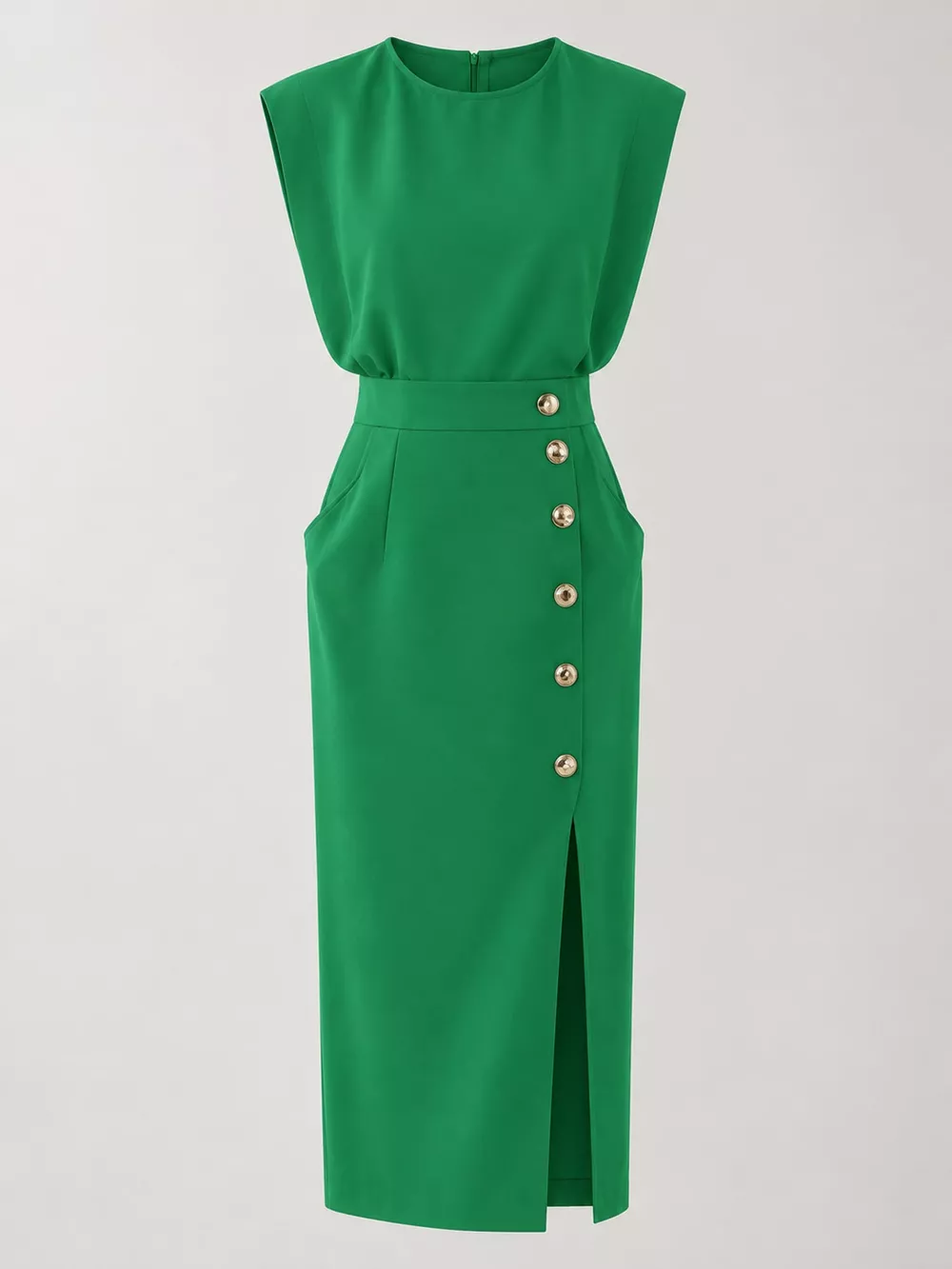 Sleeveless Midi Dress with Gold Button Detail and Side Slit, image 19
