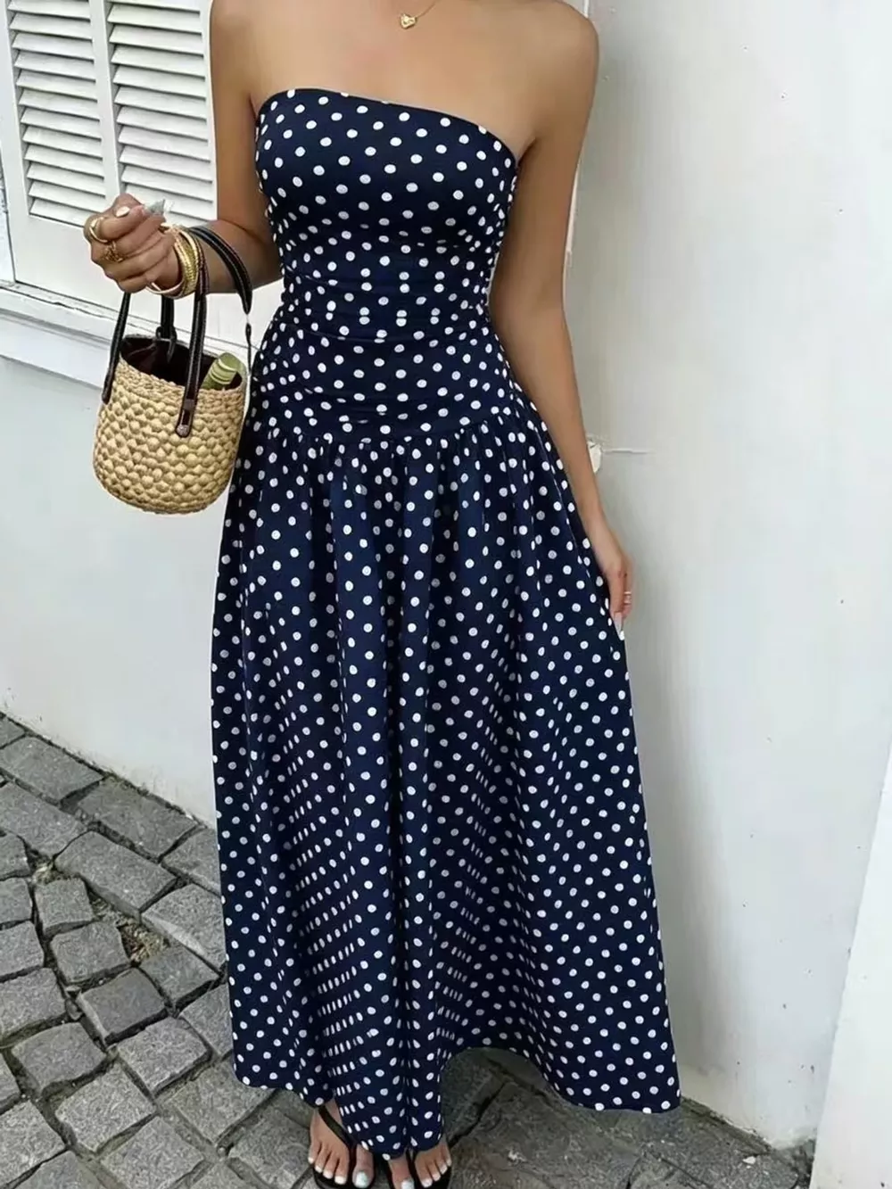 Strapless Polka Dot Ruched Maxi Dress, image 29