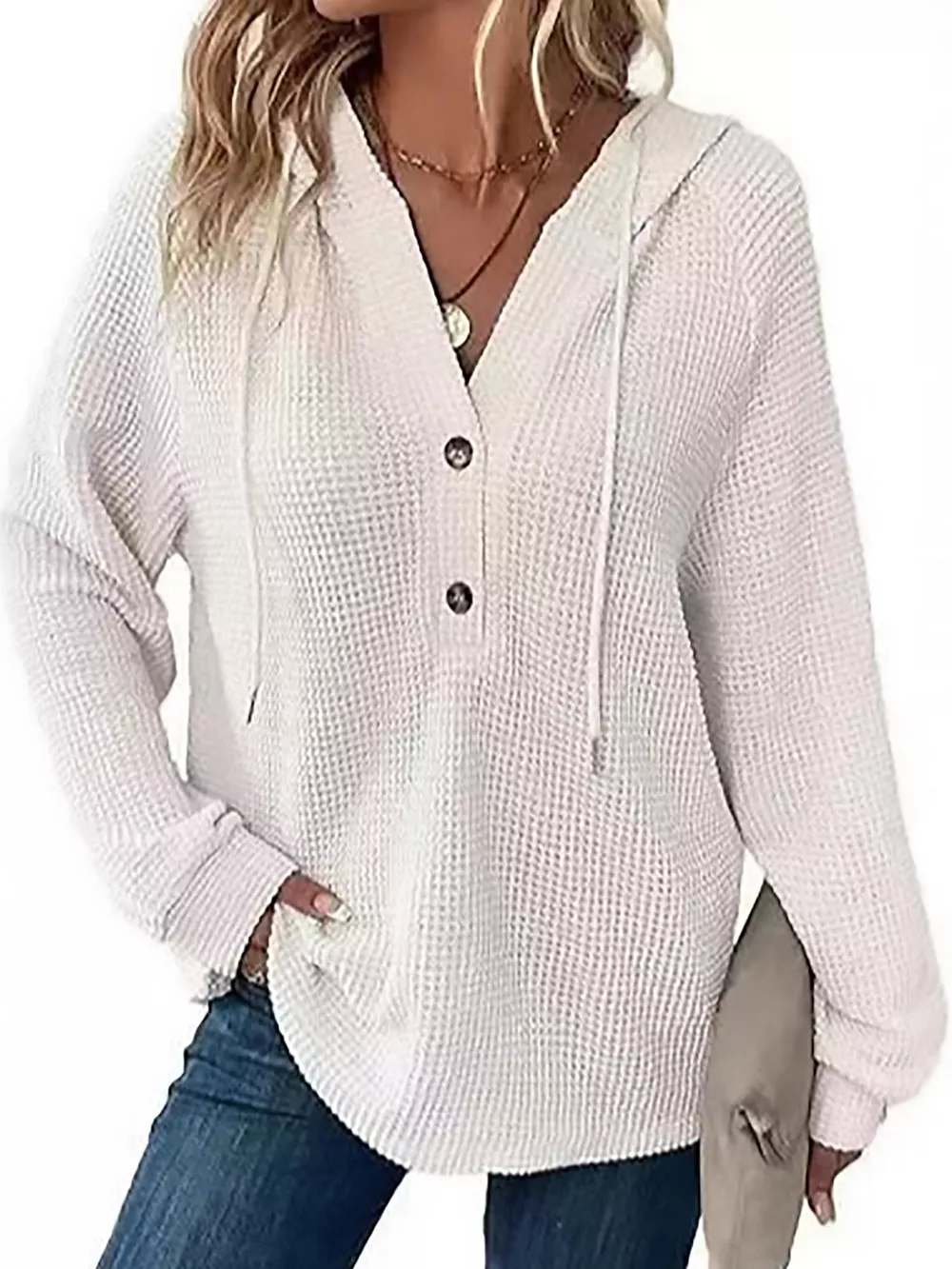 Full Size Waffle Knit Button Detail Hoodie Plus Size, image 9