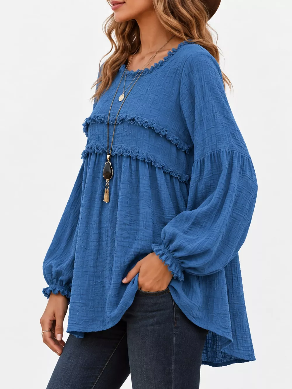 Full Size Boho Chic Textured Frayed Trim Peplum Blouse Plus Size, image 11