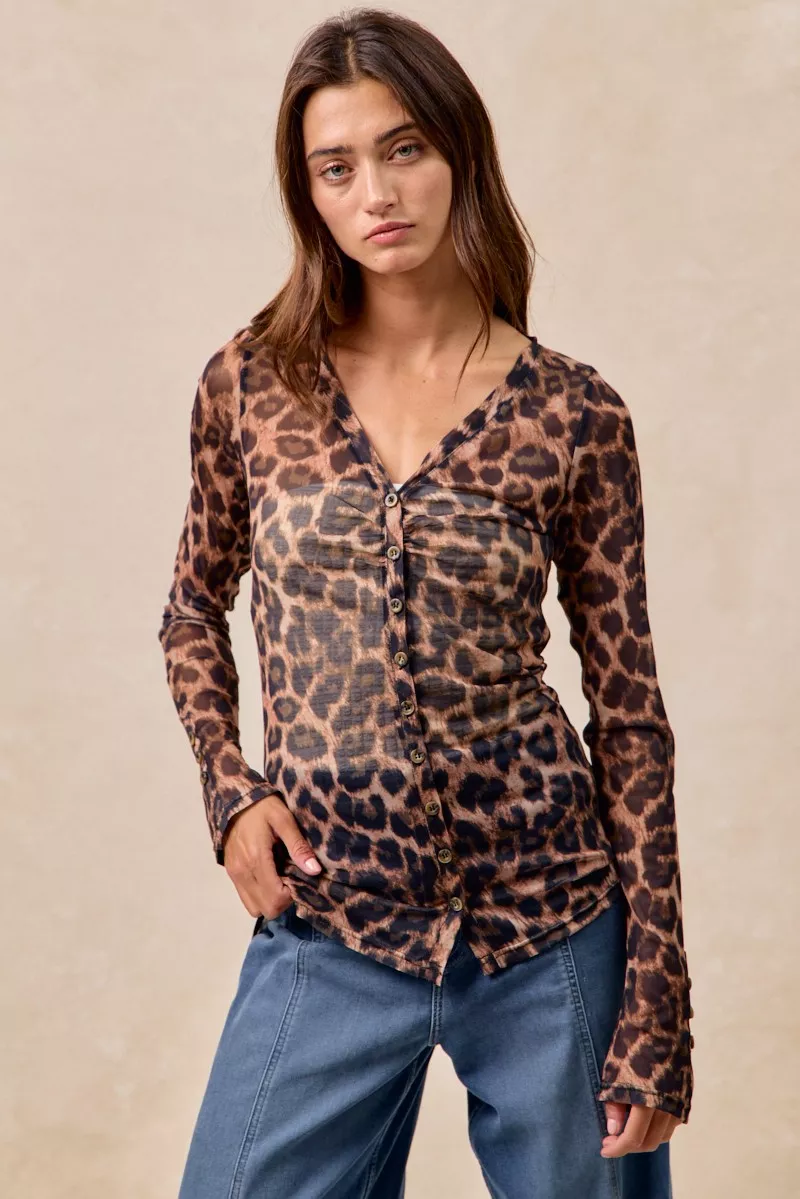 Leopard Printed Mesh Shirt With Button Up V Neck, image 7