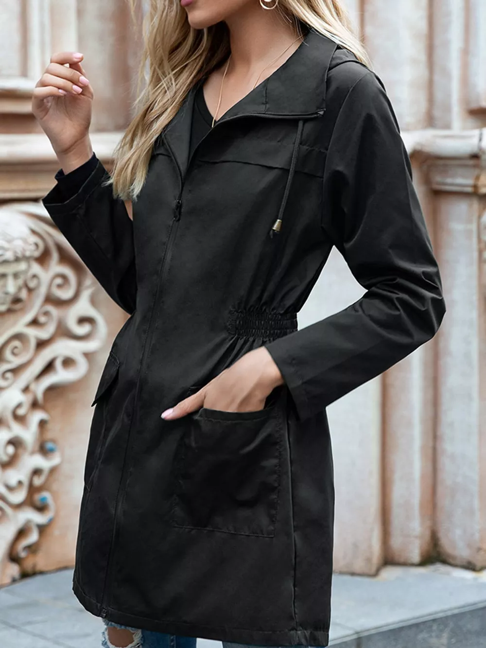 Zip Up Drawstring Waist Hooded Jacket, image 5