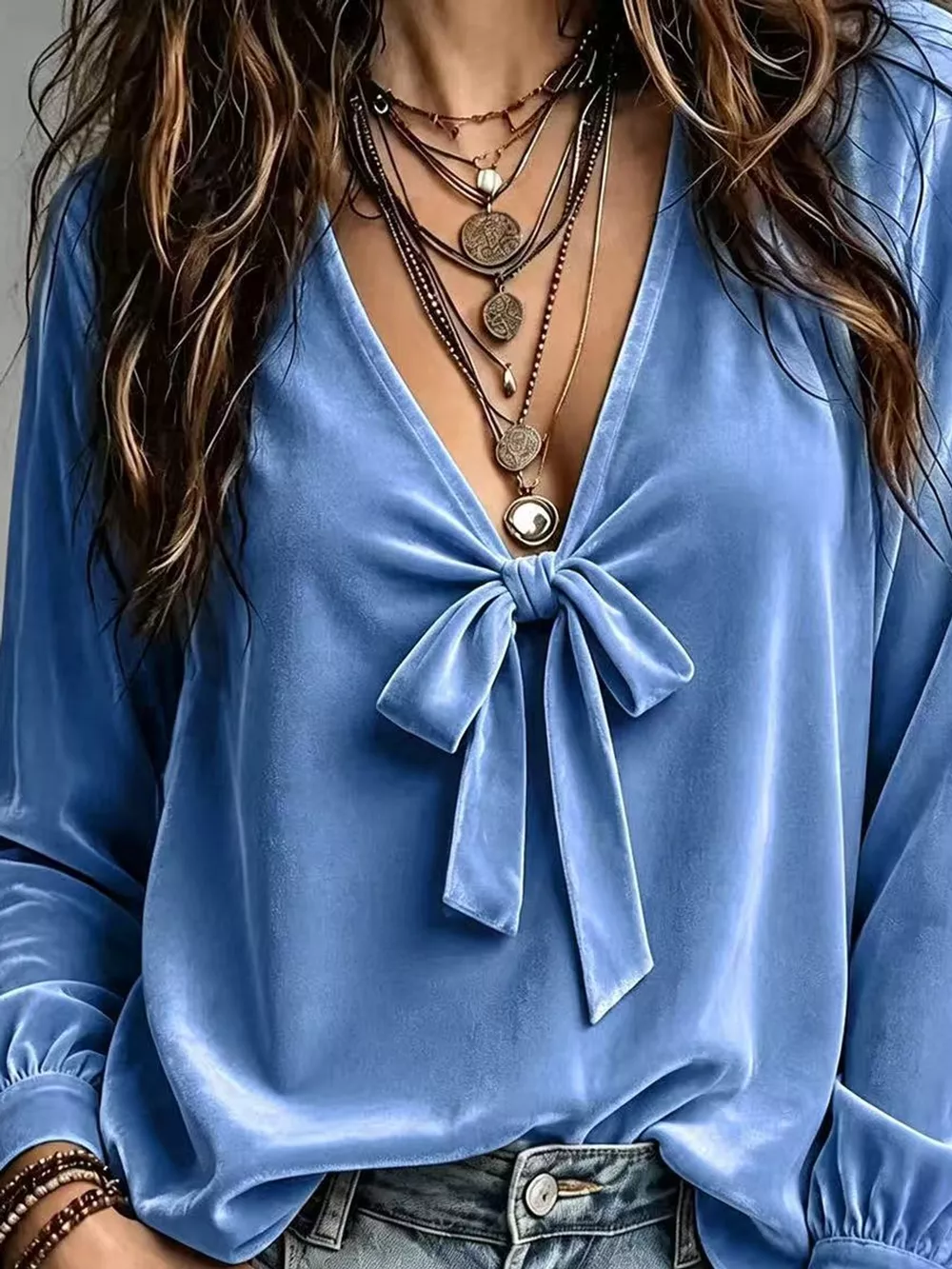 Front Bow Tie Detail V-Neck Top, image 9