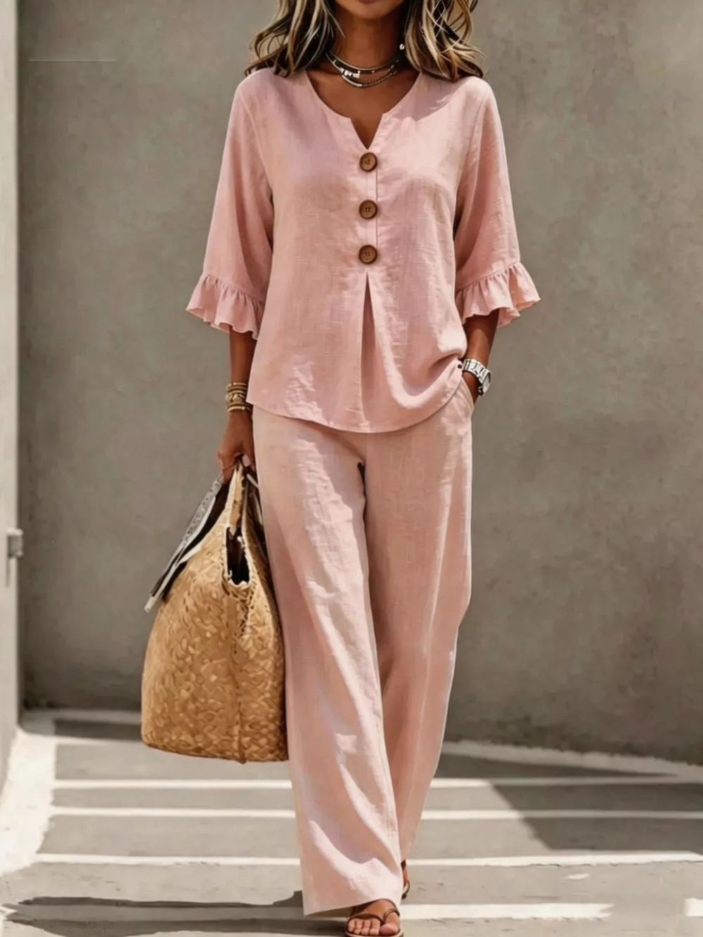Full Size Decor Button Ruffled Top and Wide-Leg Pants Set Plus Size, image 6