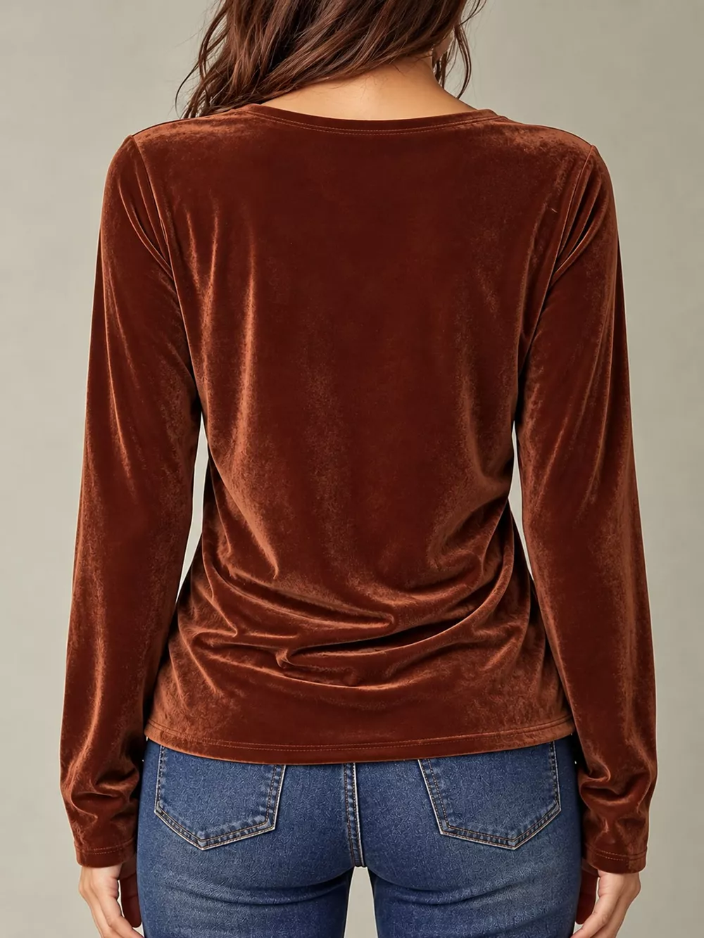 Full Size V-Neck Velvet Long Sleeve T-Shirt Plus Size, image 2