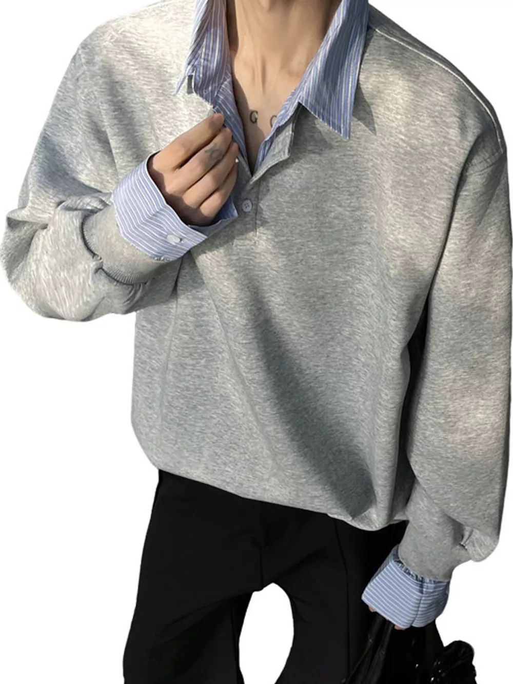 Men's Plus Size Layered Look Striped Collar and Cuffs Long Sleeve Sweatshirt, image 5