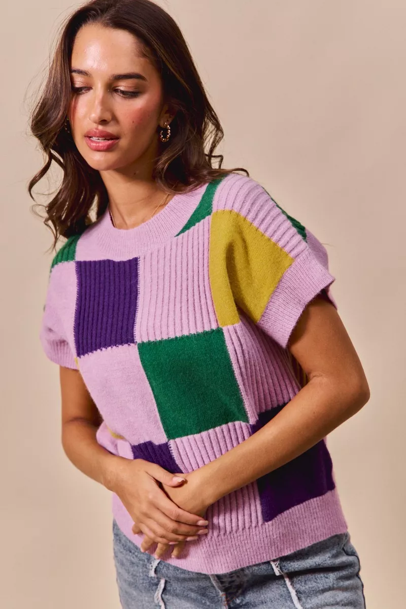 Mardi Gras Check Plaid Casual Sweater Top, image 12