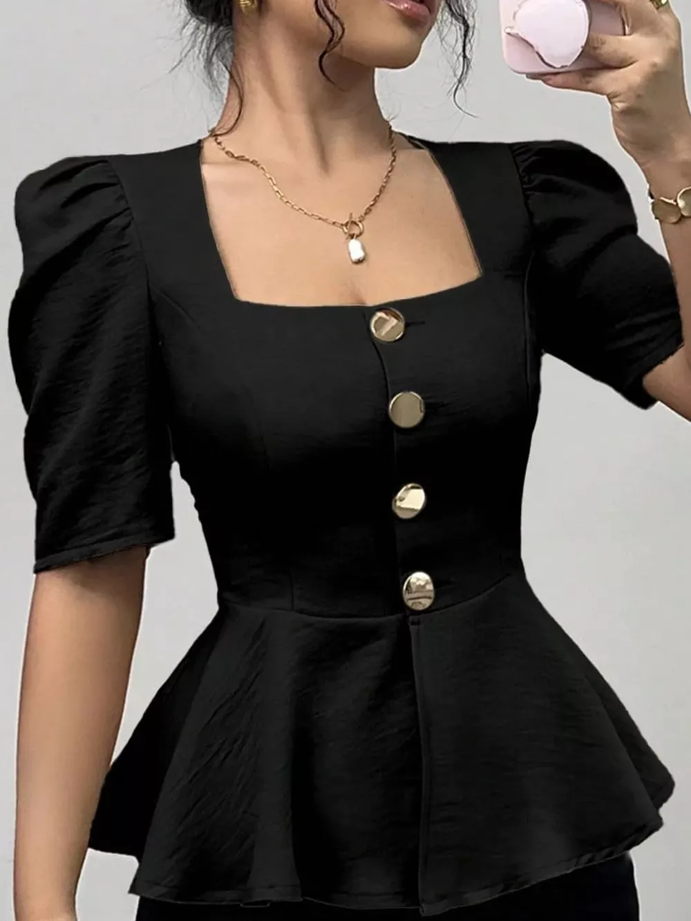 Square Neck Puff Sleeve Peplum Blouse, image 2