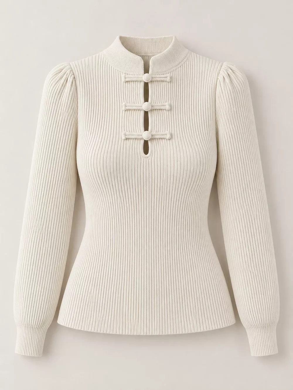 Chinese-Style Button Ribbed Knit Top, image 5