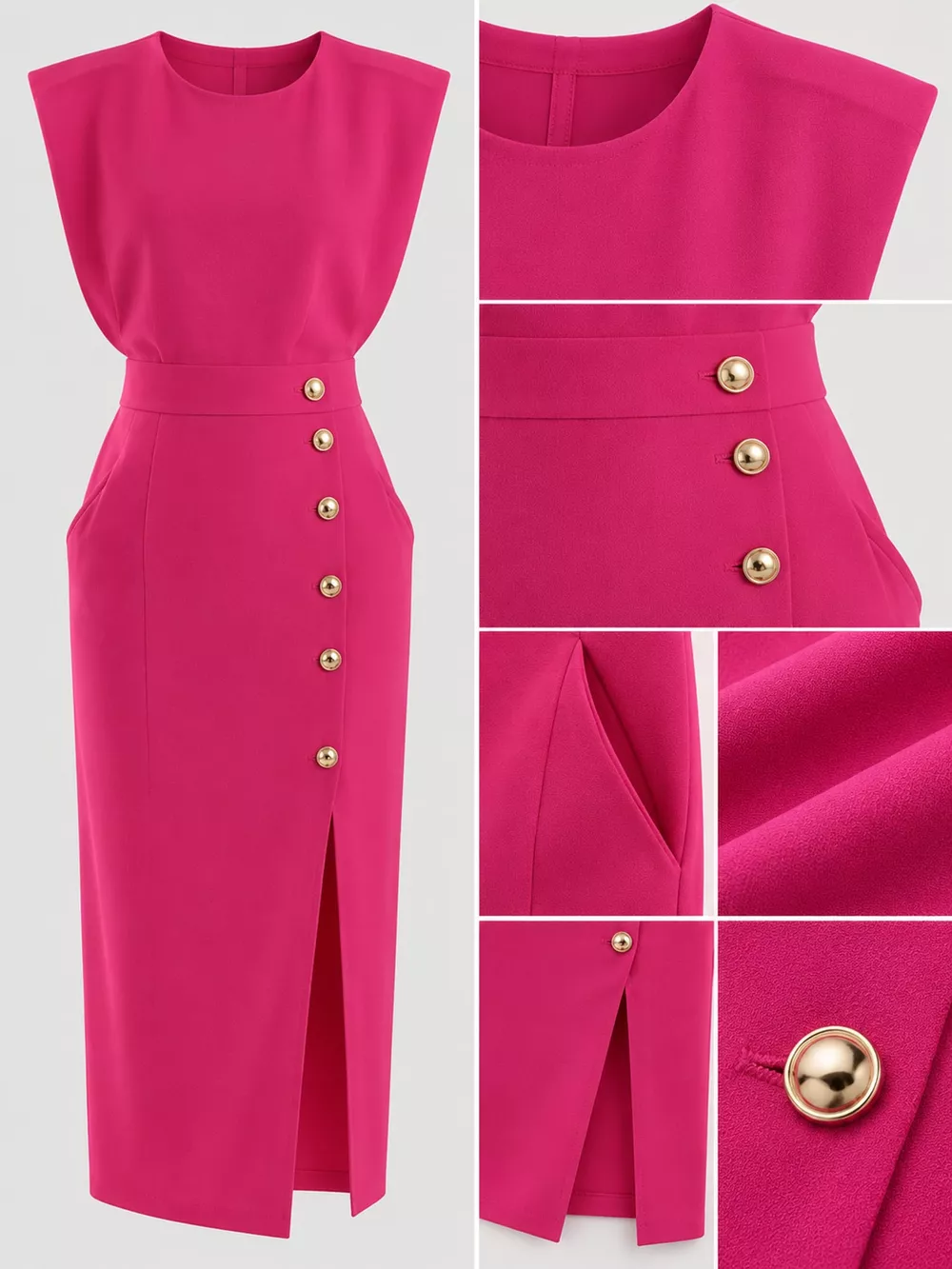 Sleeveless Midi Dress with Gold Button Detail and Side Slit, image 35