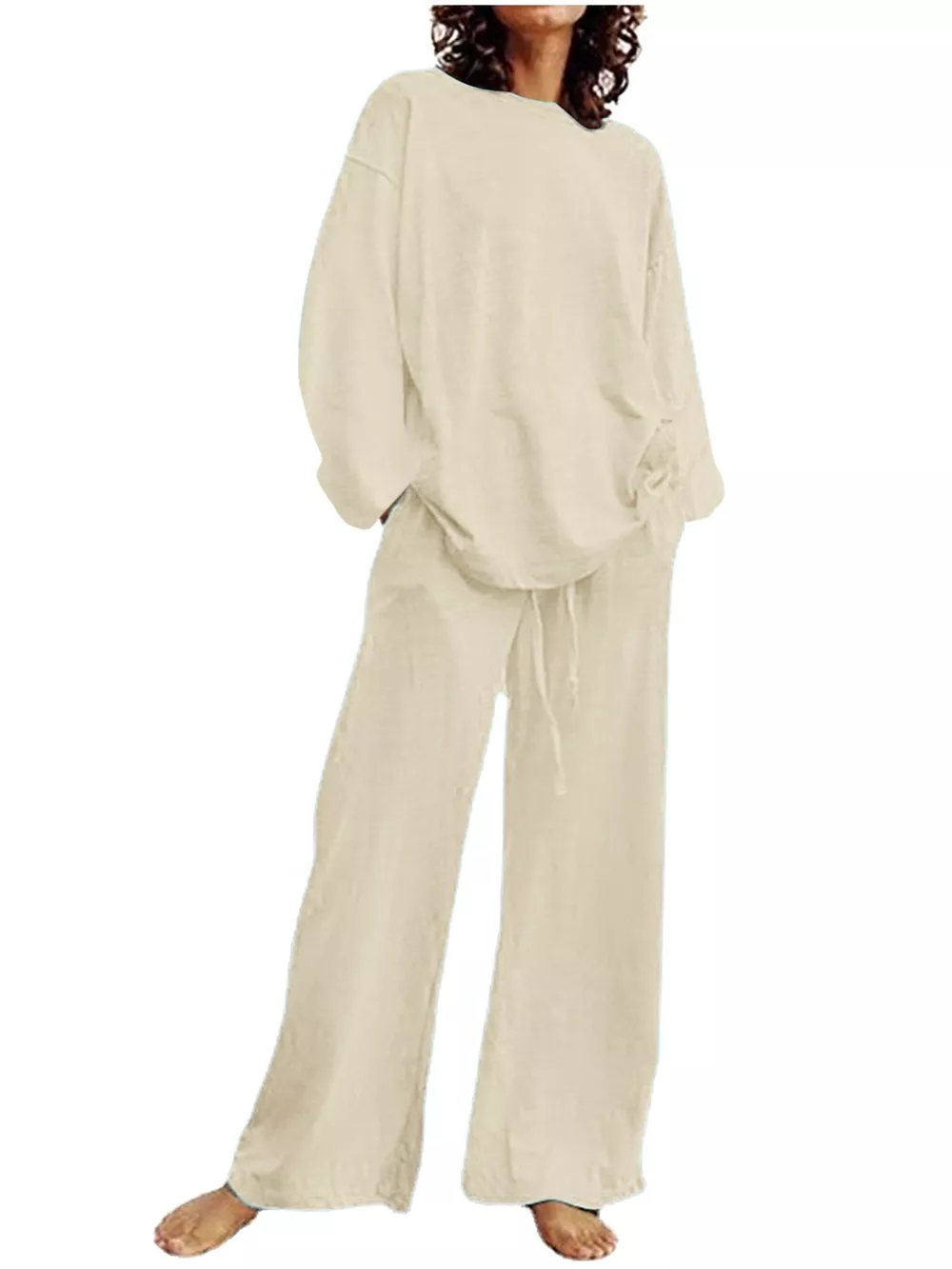 Full Size Round Neck Top and Drawstring Wide-Leg Pants Set Plus Size, image 10