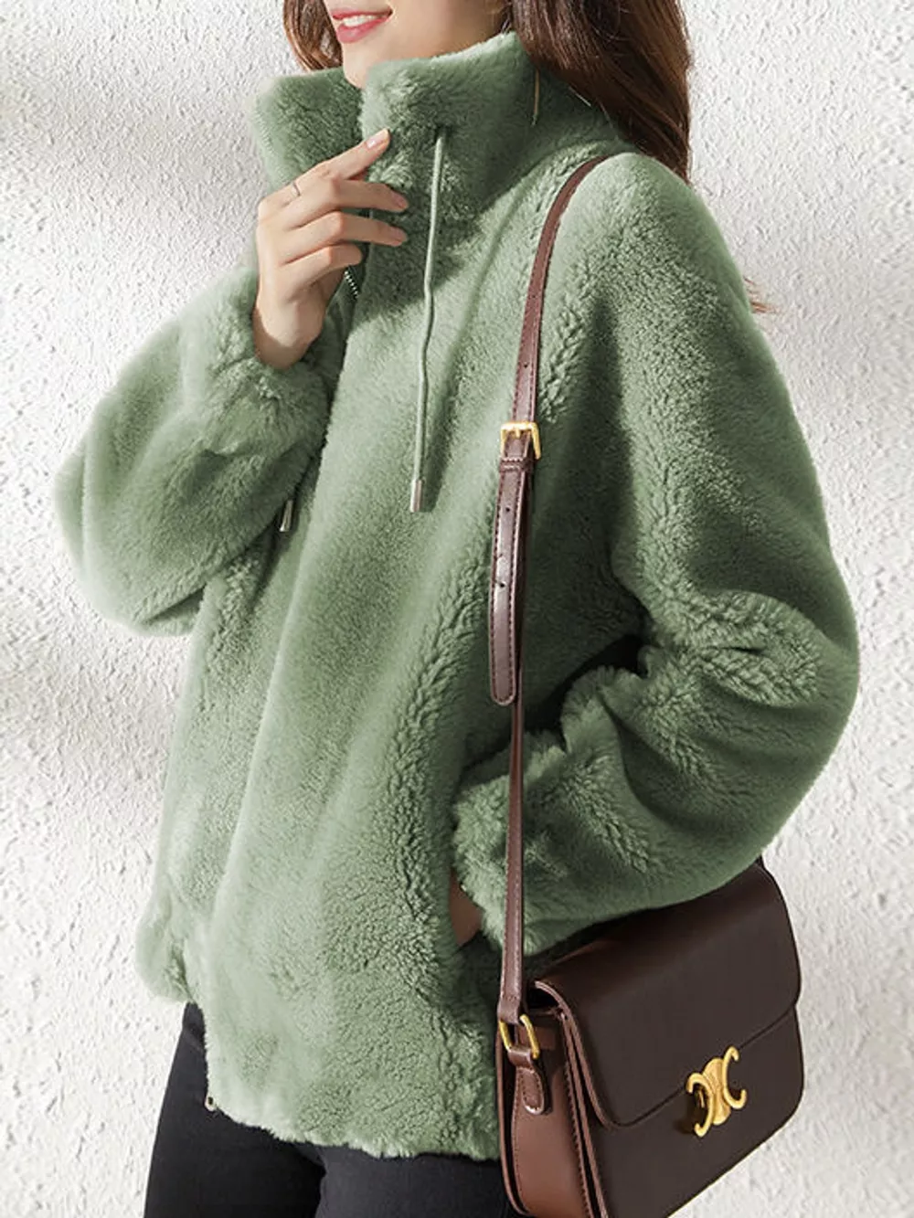 Full Size Drawstring Faux Fur Stand-Collar Zip-Up Outerwear Plus Size, image 3