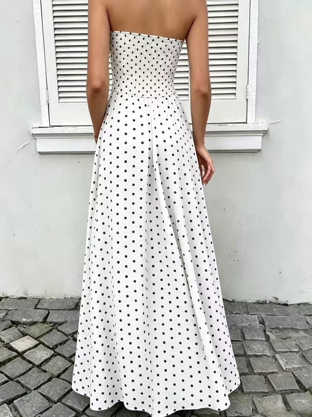 Strapless Polka Dot Ruched Maxi Dress, image 5