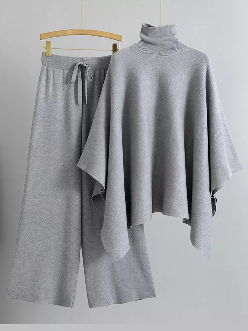 Elegant Turtleneck Poncho Sweater and Wide-Leg Knit Pants Set, image 12