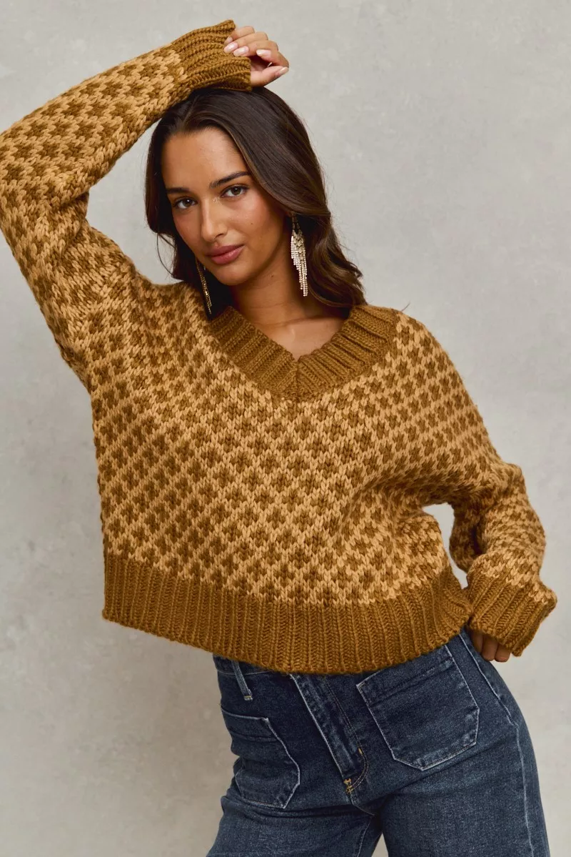 Color Block Textured Christmas Sweater V Neck Top, image 9
