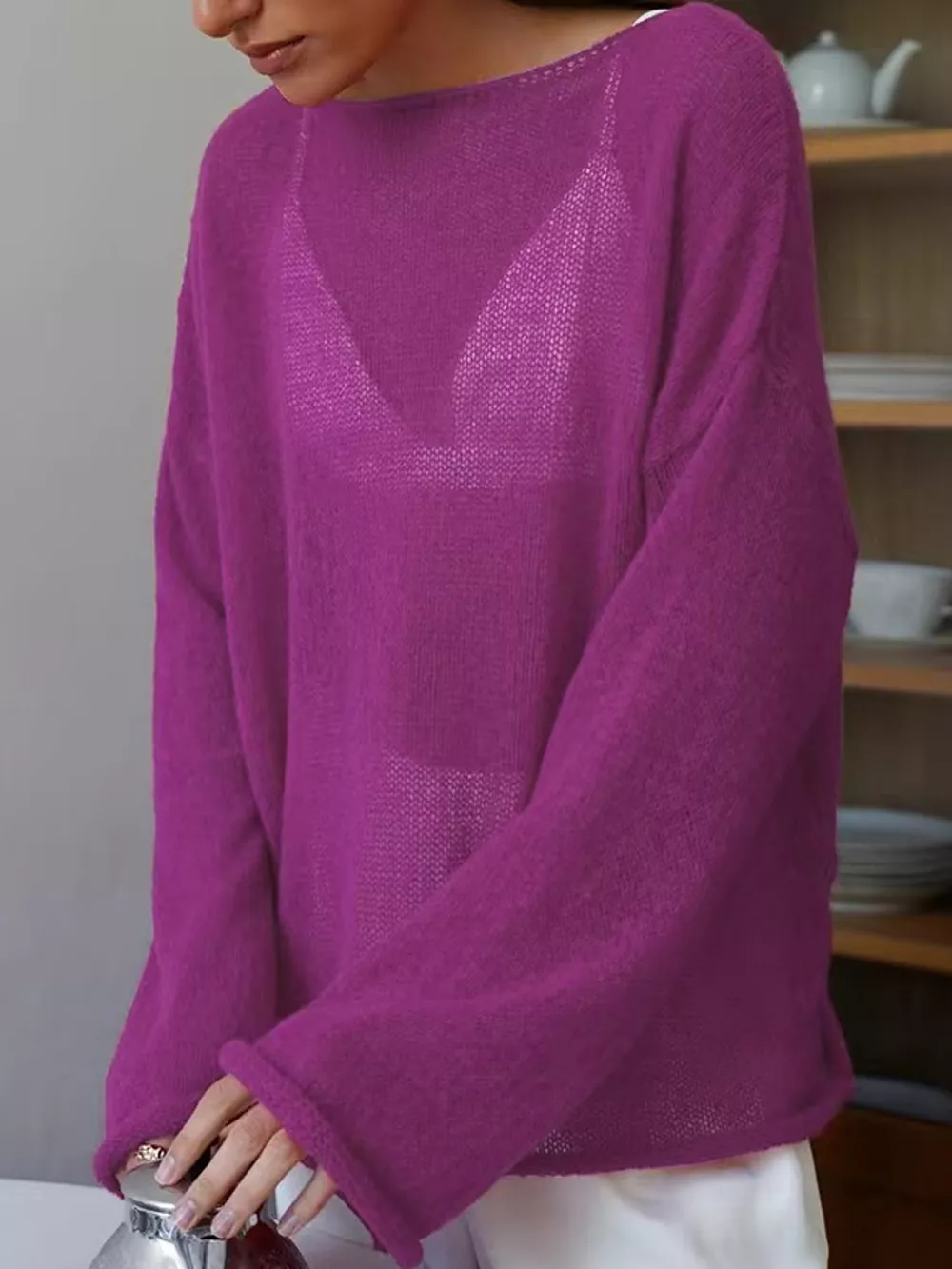 Full Size Sheer Lightweight Knit Top Plus Size, image 51