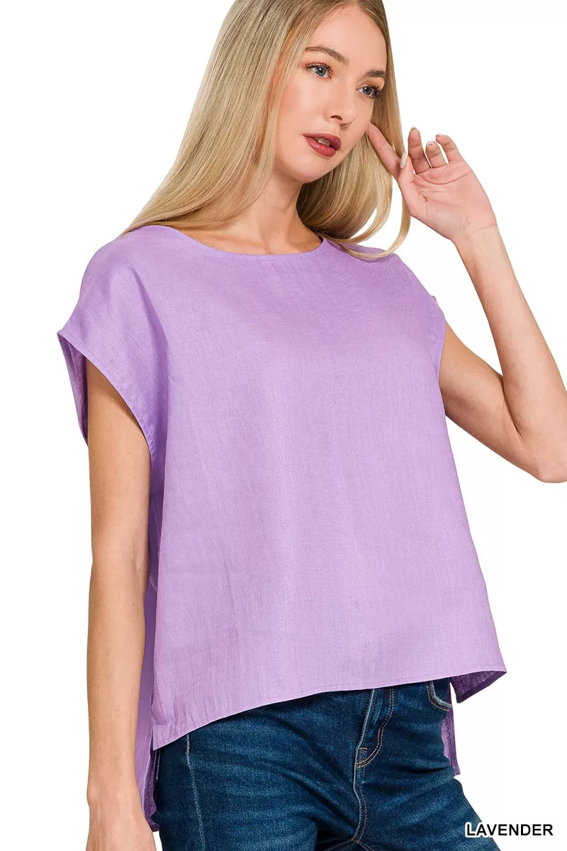 Linen Round Neck Cap Sleeve Top