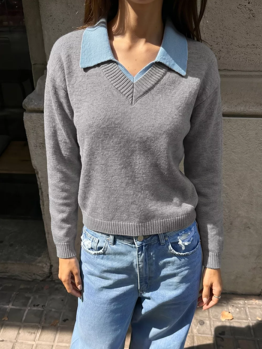 Contrast Collar Dropped Shoulder Sweater, image 2
