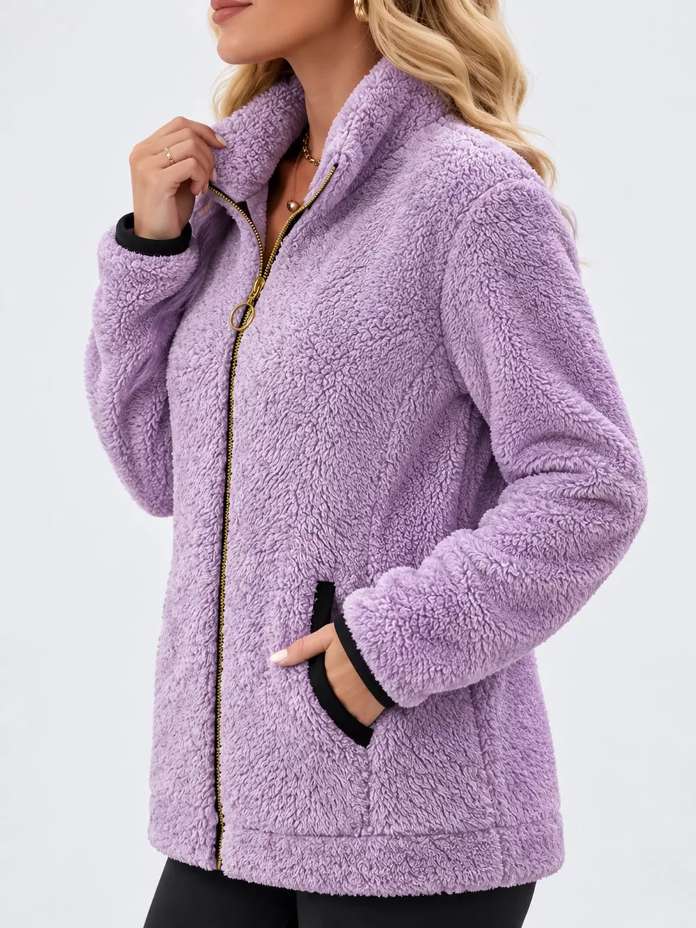 Full Size Fleece Zip-Up Jacket with Contrast Trim Plus Size, image 33