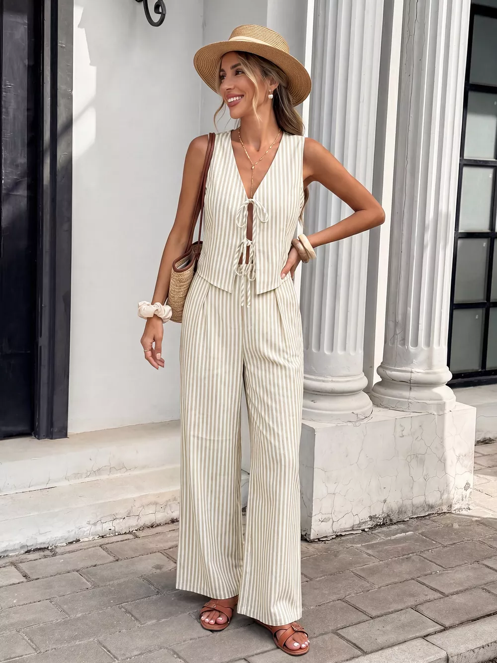 Striped Vest & Wide Leg Pants Set, image 4
