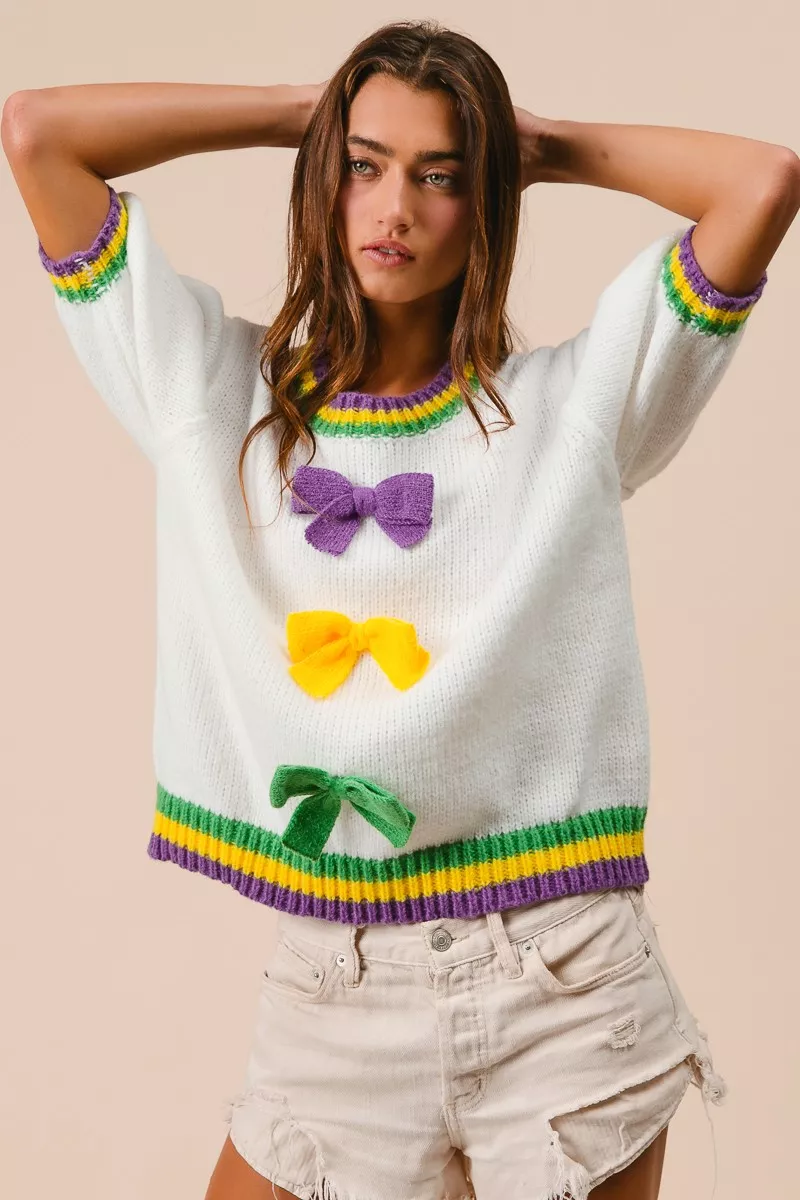 Short Puff Sleeve Ribbon Bow Mardi Gras Sweater, image 7