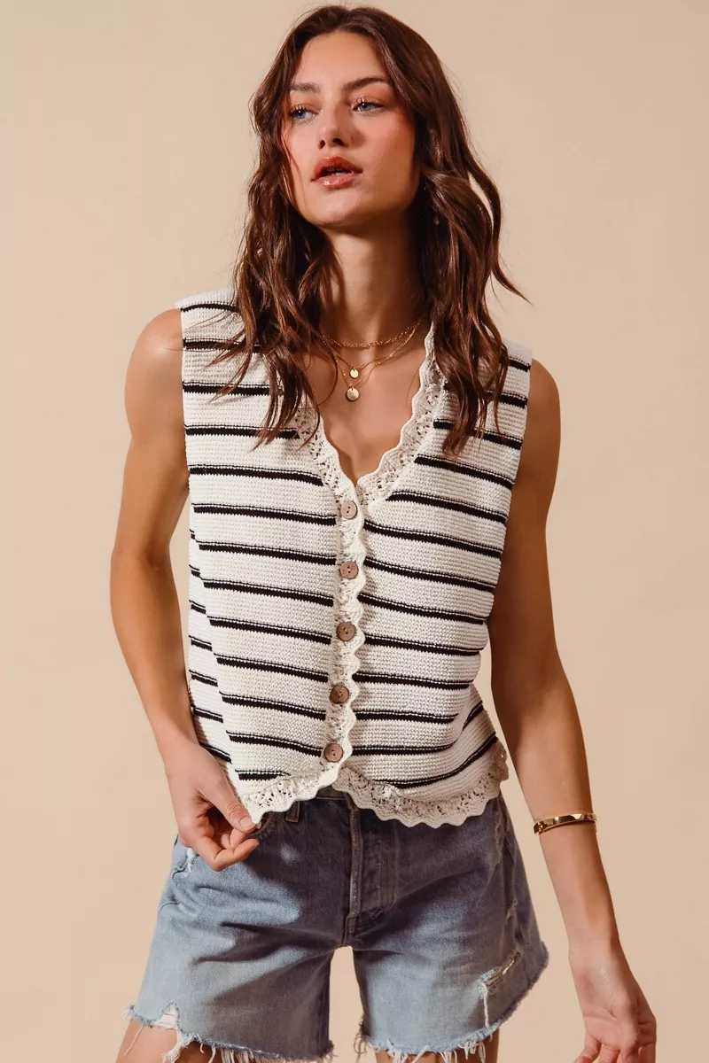 Buttoned Front Stripe Texture Knitted Sweater Vest, image 6