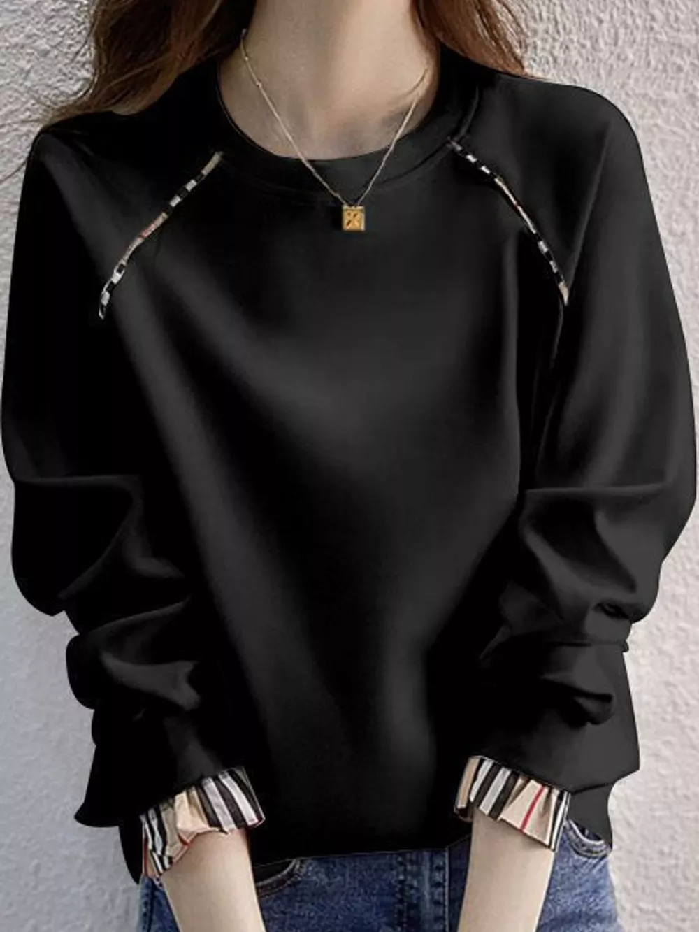 Plaid-Trimmed Crew Neck Sweatshirt, image 14