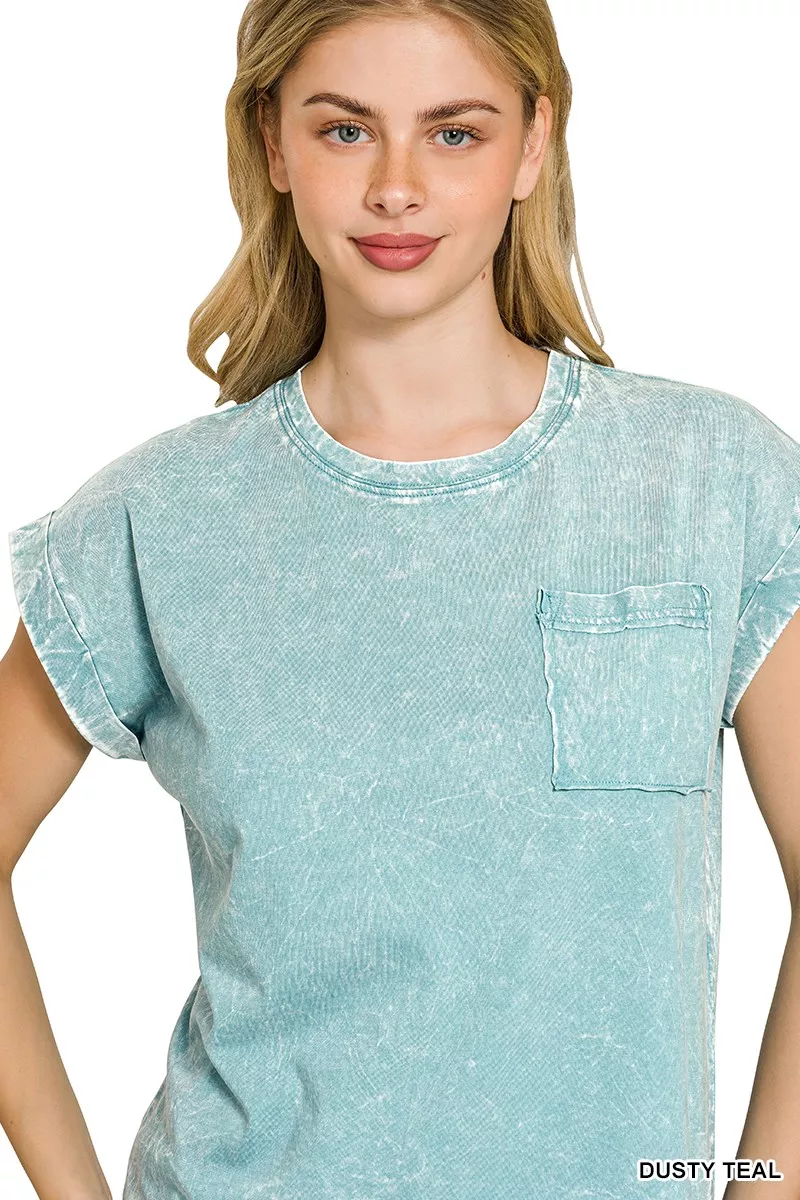Full Size Crinkle Washed Round Neck Folded Short Sleeve Tee Plus Size, image 5