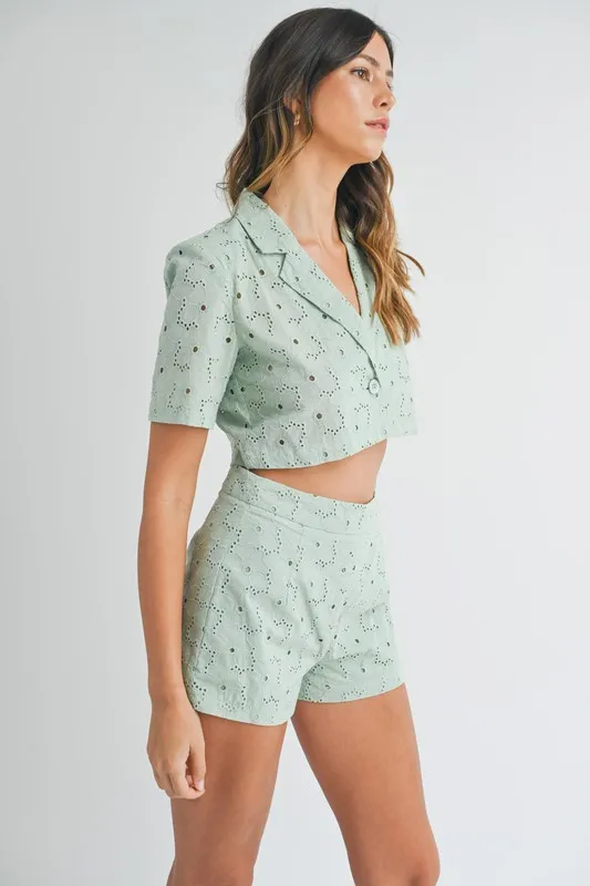Eyelet Short Sleeve Crop Top and Shorts Set, image 4