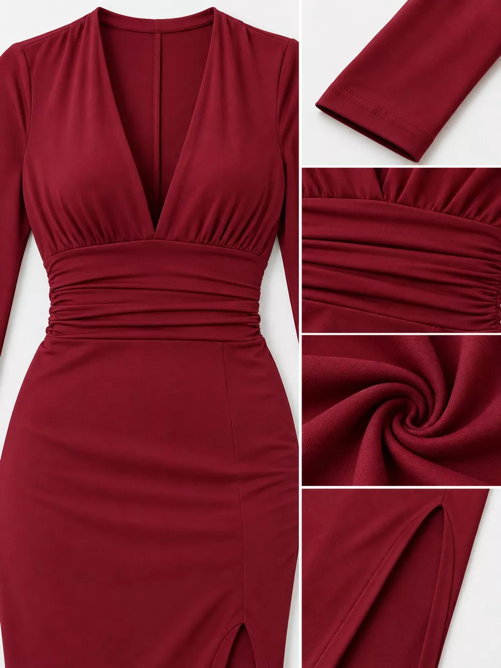 Deep V-Neck Ruched Bodycon Dress with High Slit, image 12