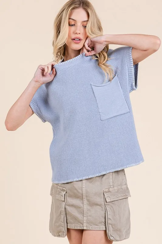 Solid Cap Sleeve Stitch Edge Knit Sweater, image 6