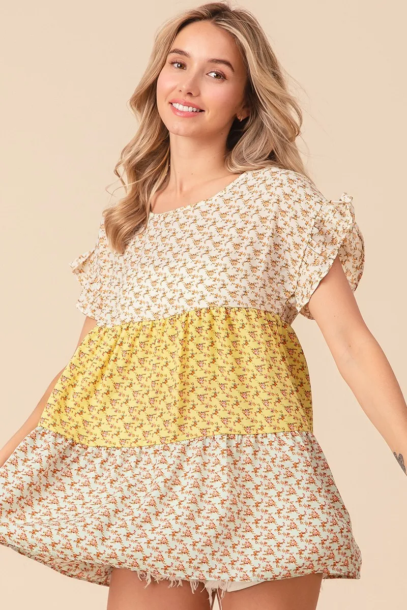 Flroal Printed Woven Color Block and Tiered Top, image 8