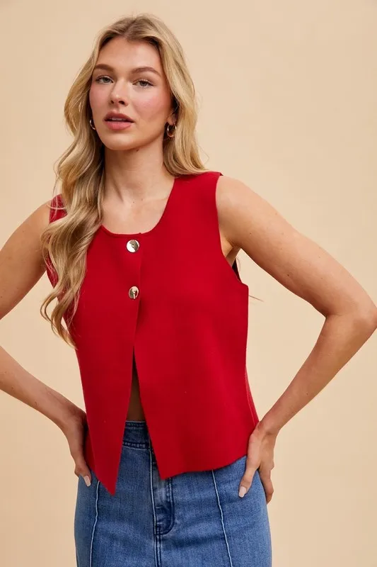 Metal Button Detail Crop Sweater Vest, image 3
