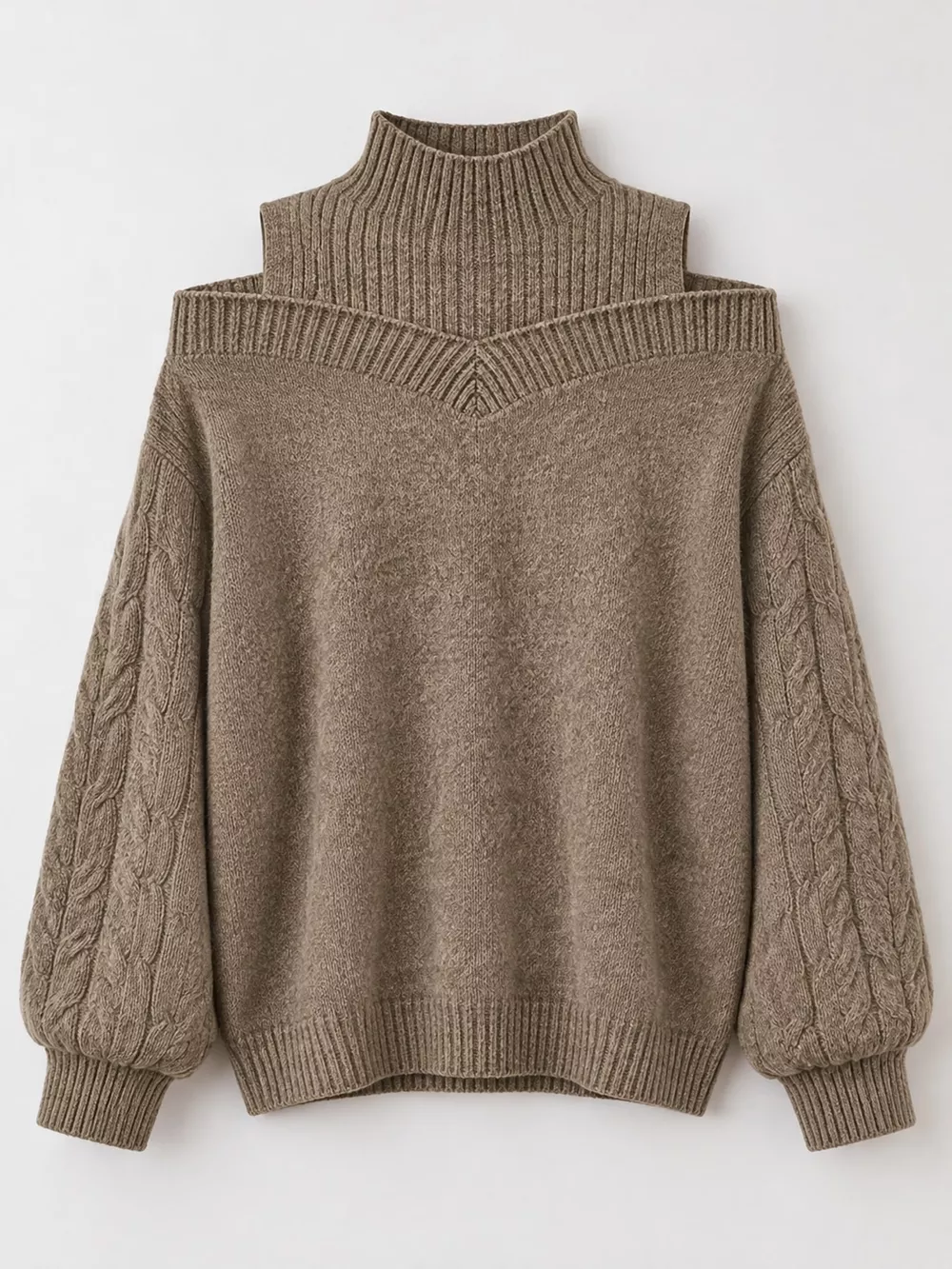 Full Size Cold Shoulder Mock Neck Cable Knit Sweater Plus Size, image 8