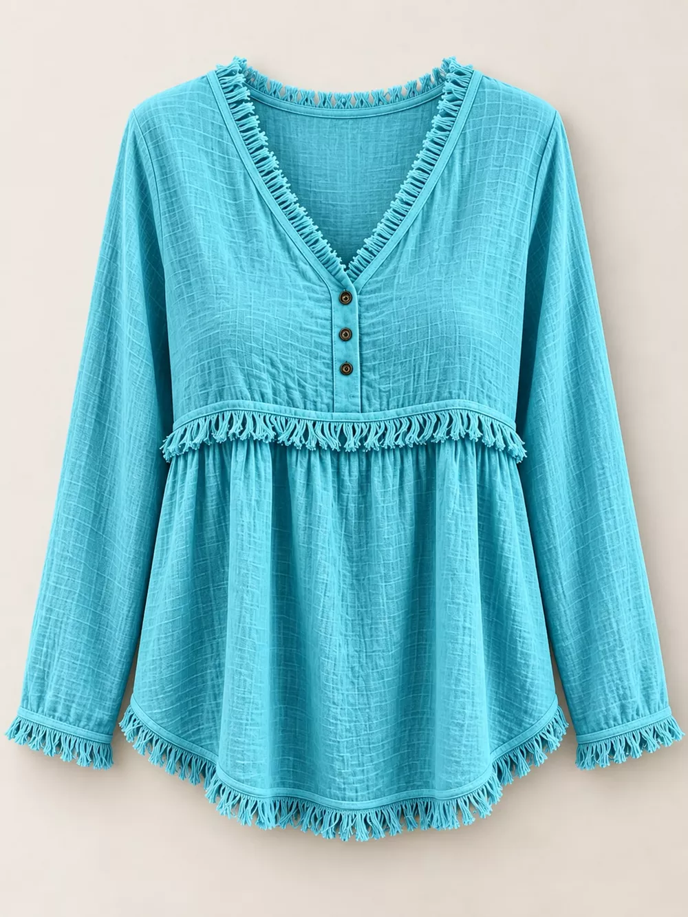 Full Size Fringed Trim V-Neck Long Sleeve Blouse Plus Size, image 5