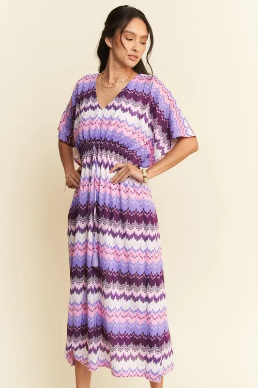 Multi Color Wavy Tie Waist Flowy Sleeve Dress, image 6
