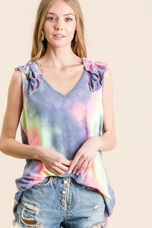 Tie Dye French Terry V Neck Top with Ruffle, image 6