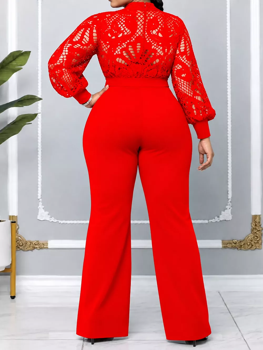 Full Size Lace Lantern Sleeve Flare Jumpsuit Plus Size, image 9