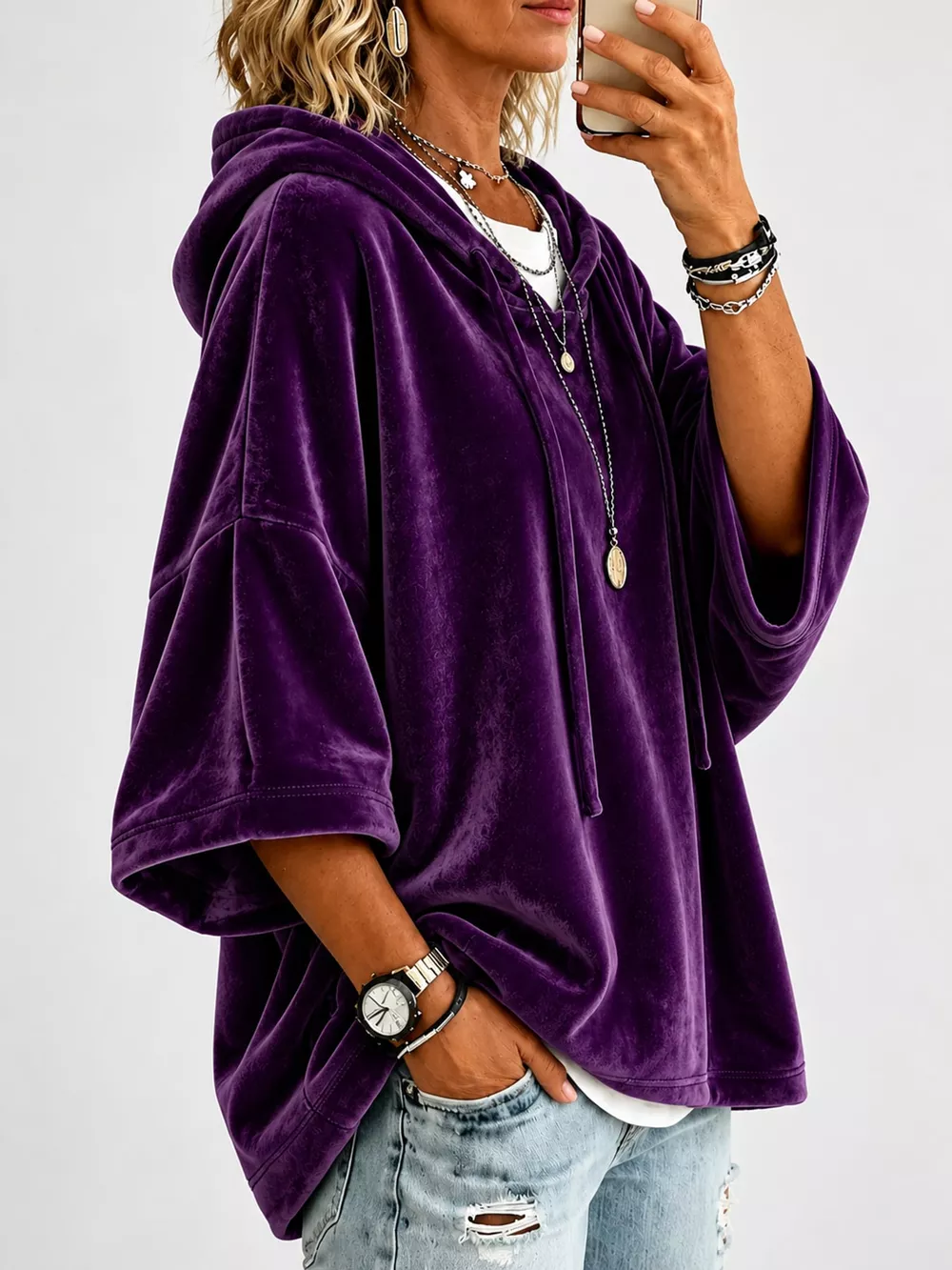 Full Size Velvet Short Sleeve Hoodie Plus Size, image 18