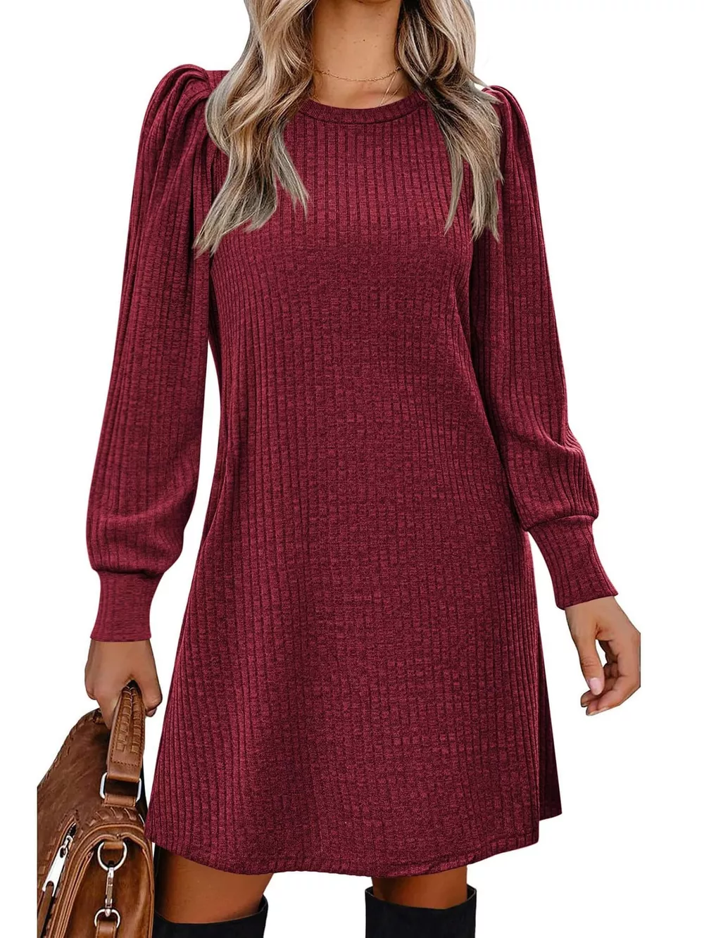 Puff Sleeve Ribbed Knit Dress with Pockets, image 9