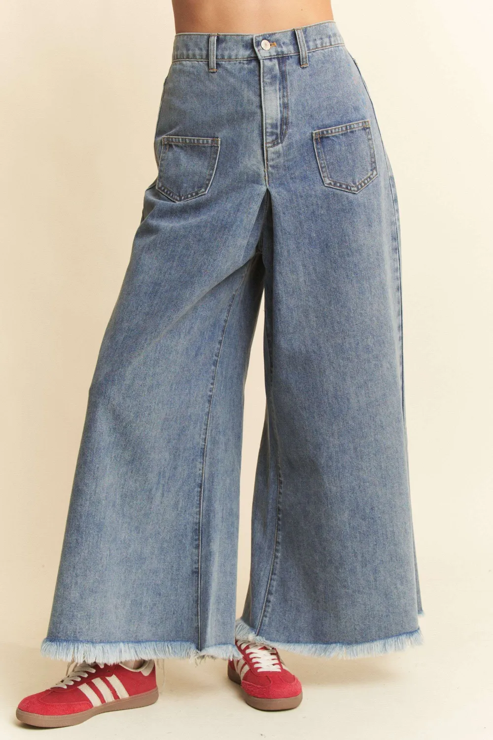 Patch Pocket Wide Leg Culotte Jeans
