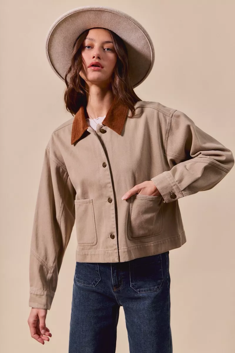 Cotton Twill Cropped Barn Jacket wtih Collar, image 2
