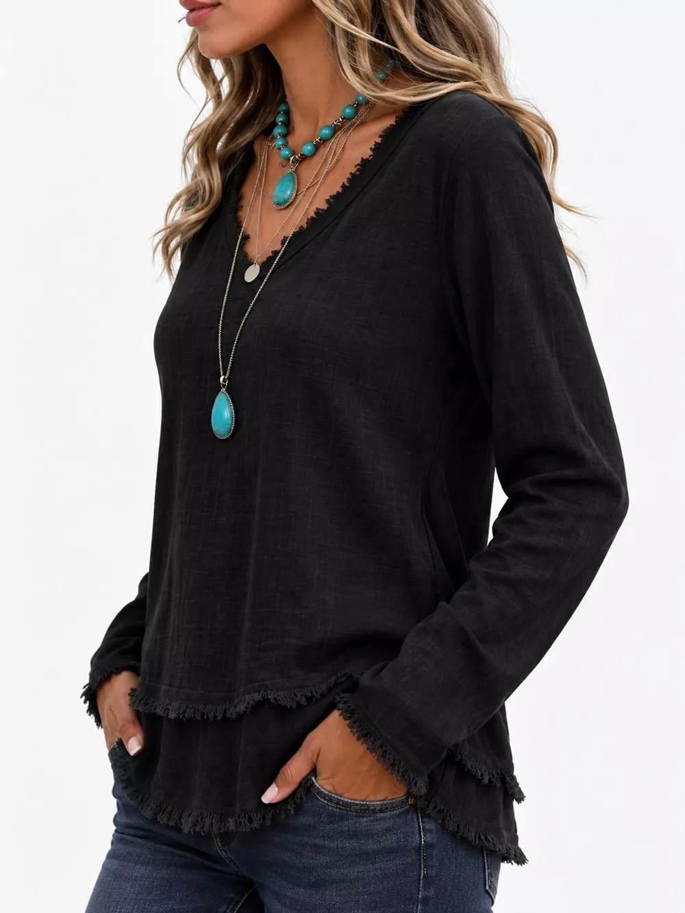 Full Size Frayed Hem V-Neck Blouse Plus Size, image 12