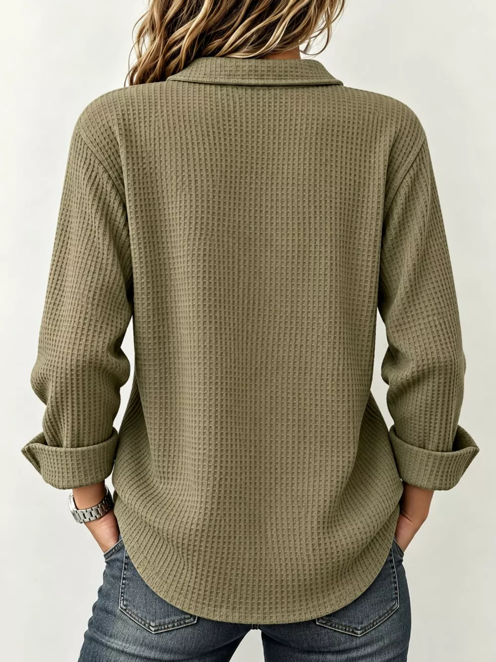 Full Size Waffle Knit Long Sleeve Polo Top Plus Size, image 8