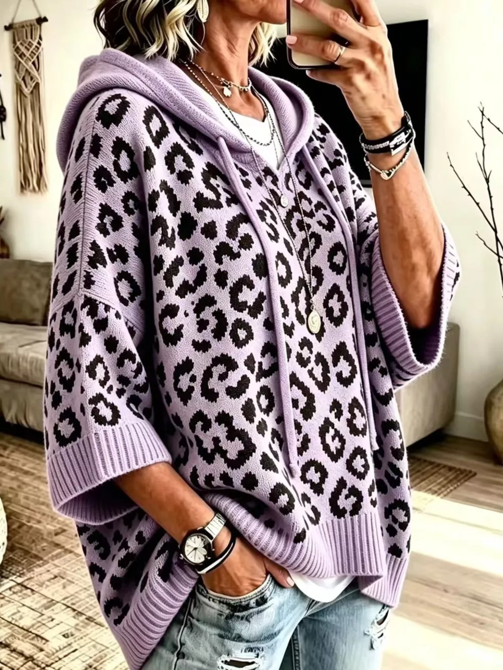 Full Size Leopard Print Hooded Knit Sweater Plus Size, image 10