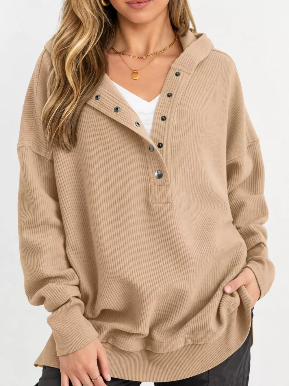 Full Size Snap Button Placket Dropped Shoulder Hoodie Plus Size, image 23