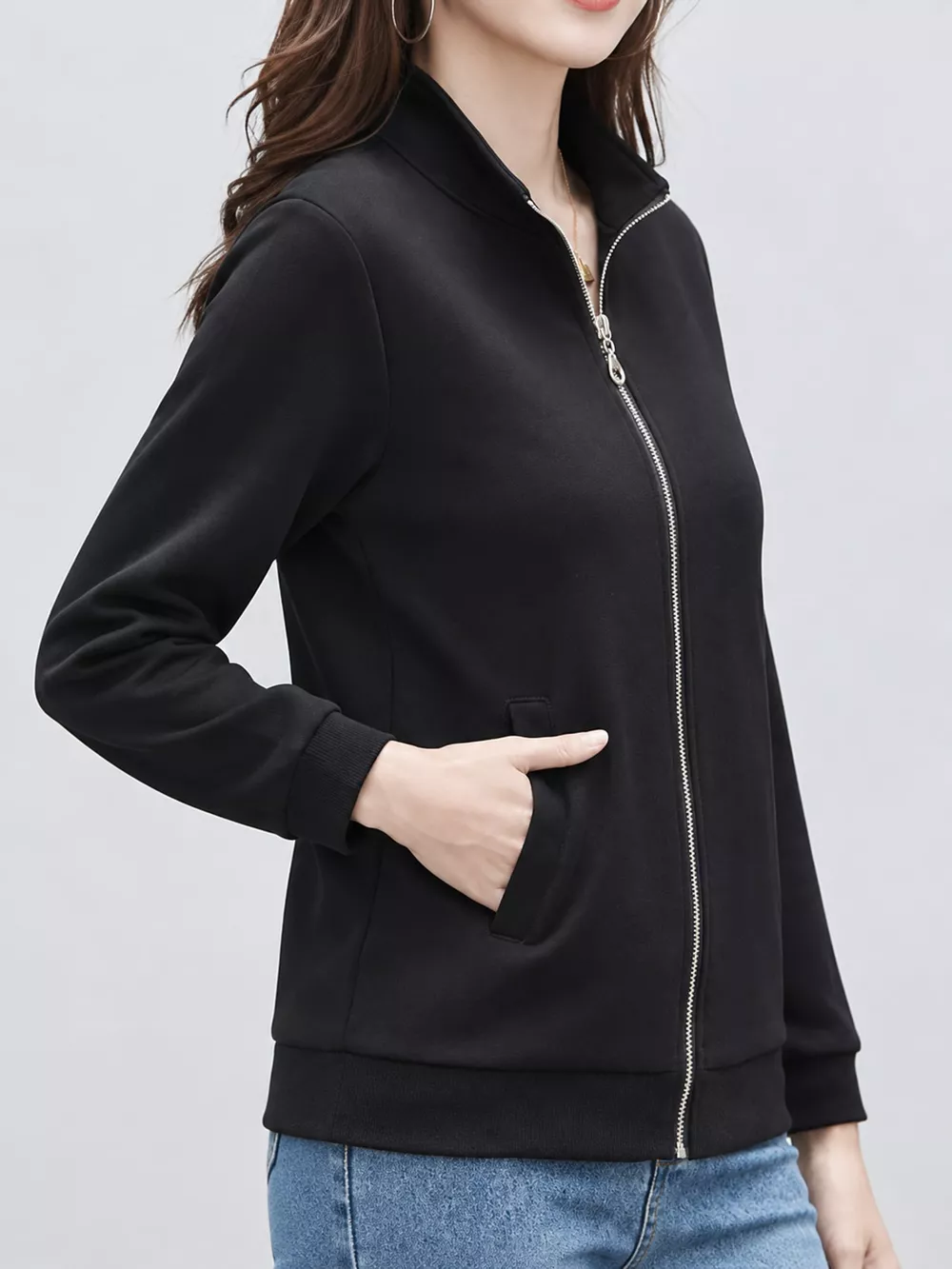 Full Size Stand-Collar Zip-Up Sweatshirt Plus Size, image 7