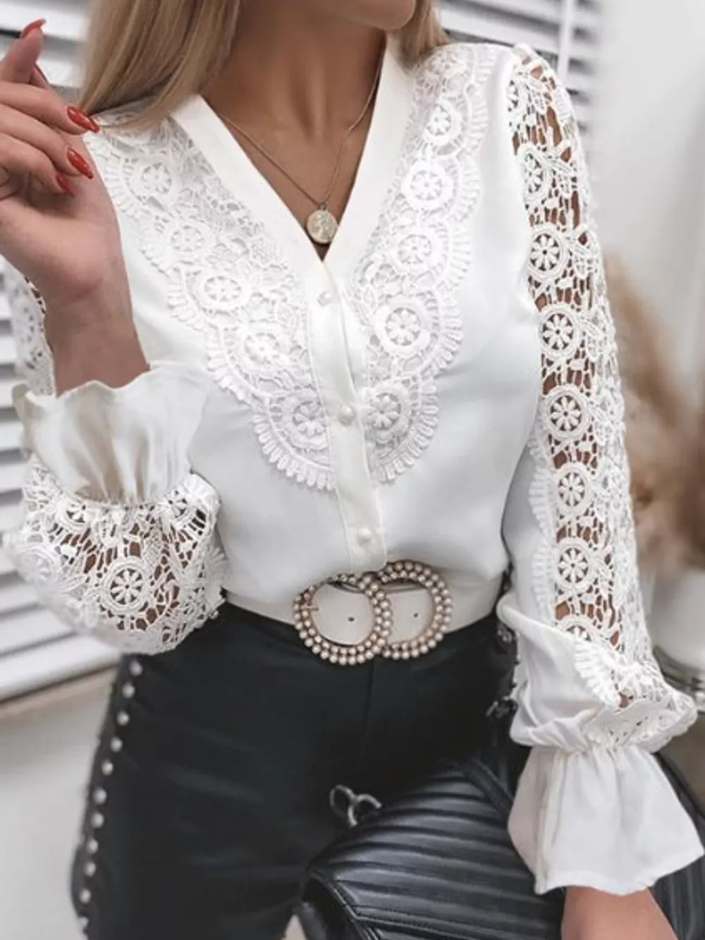 Full Size Lace V-Neck Flounce Sleeve Shirt Plus Size, image 3