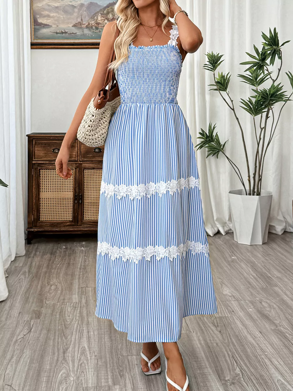 Striped Smocked Lace Trim Midi Dress, image 9
